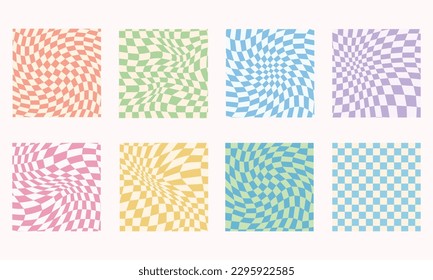 Retro groovy checkered seamless patterns collection. y2k aesthetic. Trippy checkerboard background. Funky hippie fashion textile print, retro background with distorted grid tile vector pattern set