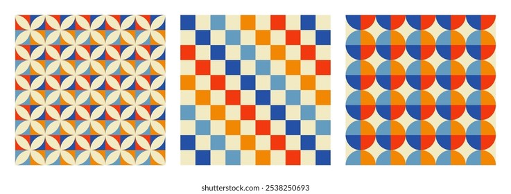 Retro groovy karierte Textur. Trendy ästhetische Retro-Set von geometrischen nahtlosen Mustern. Moderner abstrakter Hintergrund mit blauen, orangefarbenen, gelben, beigen und roten Farben