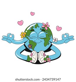Retro groovy cheerful meditating Earth planet character with flowers. Cartoon 60s, 70s vintage Earth Day sticker. World Environment Day concept. Vector illustration in Y2K aesthetics. Editable strocke