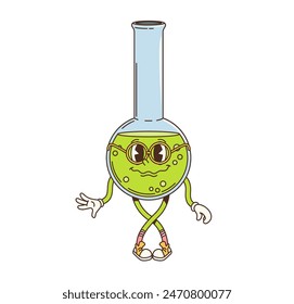 Retro groovy chemical flask character, fun science glassware . Isolated cartoon vector lab glass beaker filled with a bubbly green substance, wears glasses and sneakers, ready for playful education