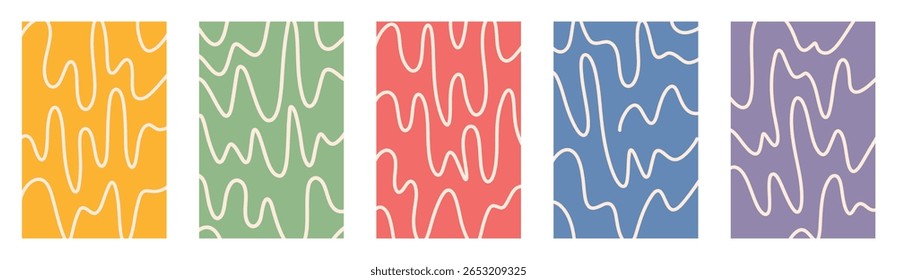 Retro groovy childish hand drawn abstract vector backgrounds with wavy lines. Organic distorted curved shapes with playful squiggles and pastel colors on transparent layout. Funky doodle style set
