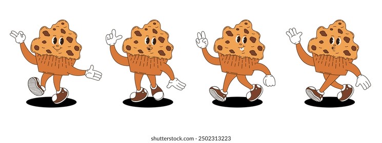 Retro groovy chocolate cupcake characters set. 