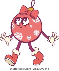 Retro groovy christmas ball whimsical character mascot