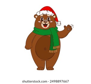 Retro groovy Christmas bear character. Isolated cartoon cute vector animal wears a Santa hat and green scarf, waving cheerfully with a friendly, playful face, embodying the festive spirit of Xmas eve