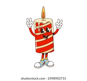 Retro groovy Christmas candle character with striped pattern, burning wick and arms raised in a victory pose. Isolated cartoon vector lit candle with a cheerful smile and wax dripping down its sides