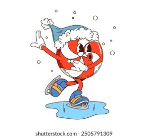 Retro groovy Christmas candy character. Isolated cartoon vector round toffee with red and white stripes, ice skating with a Santa hat and snowflakes around. Sweet dessert personage with cheerful face