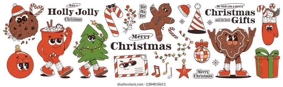 Retro groovy christmas characters, elements and phrases. 60 -70s vibes sticker set. Merry Christmas and Happy New Year. Vector Illustration.