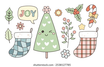 Retro Groovy Christmas clipart set. Cute festive objects. Hand drawn vector illustration in flat style.
