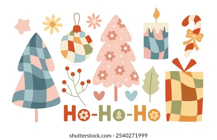 Retro Groovy Christmas clipart set. Cute festive objects. Hand drawn vector illustration in flat style.	
