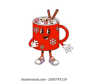 Retro groovy Christmas coffee character with marshmallows. Isolated cartoon vector festive coffee mug, decorated with snowflakes and cinnamon sticks. Red porcelain cup with happy face and sneakers