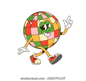 Retro groovy Christmas disco ball character. Vector festive personage with colorful facets and a cheerful smile, strutting confidently. Checkered, lively sphere adds playful vibe to xmas celebration