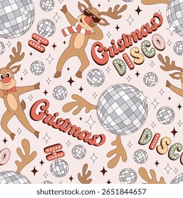 Retro Groovy Noël Disco Party Danser et tamponner les rennes et scintillant boules disco Image vectorielle Motif harmonieux. Idéal pour le papier d'emballage de Fêtes, les invitations festives, les vêtements et les saisons