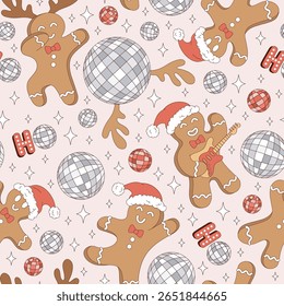 Retro Groovy Noël Disco Party Dancing Gingerbread Hommes personnages en Santa Hat, Rendeer Antlers, avec Guitare et pétillante Image vectorielle de boule de disco Motif harmonieux. Parfait pour le papier d'emballage de Fêtes