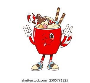 Retro groovy Christmas eggnog drink character. Isolated cartoon vector red mug filled with festive eggnog drink, candy canes, wafer sticks and marshmallows, featuring a cheerful face, and Xmas spirit