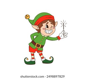 Personaje de elfo de Navidad retro groovy. Gnomo mágico alegre de Vector de dibujos animados aislado, personaje de Navidad de Santa Helper con un traje verde y rojo con un sombrero de campana jingle, sonriendo y sosteniendo una bengala