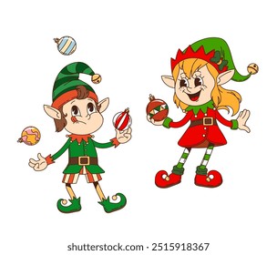 Retro groovy Weihnachten Elf Zeichen für den Winterurlaub, Cartoon Vektor lustige Gnome. Groovy Elfen mit funky Gesichter und Lächeln jonglieren mit Weihnachtsbaumschmuck für Neujahrsfeiertage