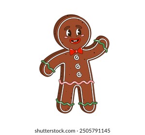 Retro groovy Weihnachten Lebkuchen Mann Charakter mit Vereisung Dekorationen, rote Fliege, Knöpfe und glücklichen Ausdruck. Einzeln Cartoon Vektor fröhliche Lebkuchen Mann, Weihnachten Dessert Gebäck Persönlichkeit