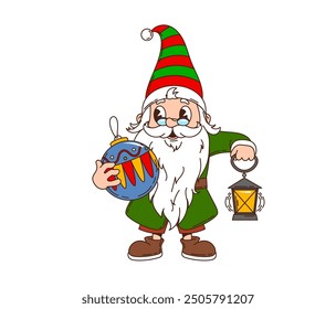 Retro groovy Christmas gnome character wearing striped red and green hat, holding colorful bauble and lantern. Isolated cartoon vector festive, cheerful dwarf with a white beard and holiday spirit