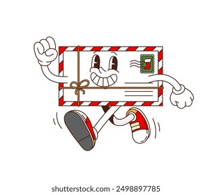 Retro groovy Christmas greetings letter character. Isolated cartoon vector cheerful, festive and playful envelope with red and white striped frame, sneakers, and smiling face, energetically walking