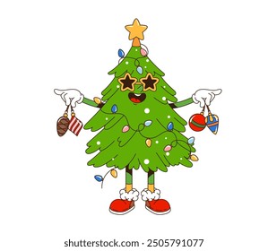 Retro groovy Christmas holiday pine tree character wearing star-shaped glasses and holding ornaments. Isolated cartoon vector decorated pine or conifer fir-tree with lights, star on top and red shoes