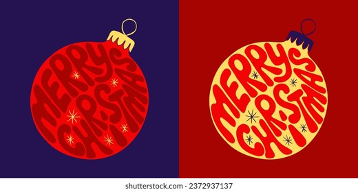 Retro groovy Christmas lettering. Hand drawn slogan Make a Wish in a Christmas ball shape. Trendy print design in retro style for posters, cards, shirt print social media graphics. Holiday composition
