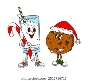 Retro groovy Christmas milk, chocolate characters for winter holiday, vector cartoon funny sweets. Groovy funky chocolate cookie in Santa hat and milk glass with candy cane and happy smile on face