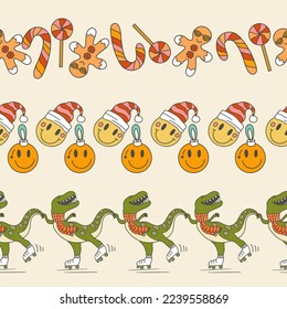 Retro Groovy Christmas Ornaments Vector Seamless Horizontal Borders Set 