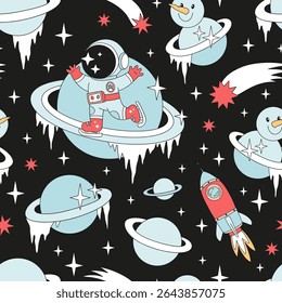 Retro Groovy Christmas in Outer Space Vector Seamless Pattern Astronaut Ice Skating on Saturn Rings, Snowman Saturn, Rockets, Comets. Perfect for holiday wrapping paper, greeting cards, festive
