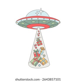 Retro Groovy Christmas in Outer Space Flying Saucer Beaming Up Christmas Presents Vector Illustration isolated on white. Perfect for festive cards, stickers, posters, social media graphics, and retro