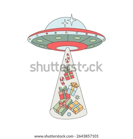 Retro Groovy Christmas in Outer Space Flying Saucer Beaming Up Christmas Presents Vector Illustration isolated on white. Perfect for festive cards, stickers, posters, social media graphics, and retro