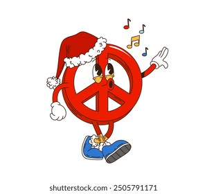 Retro groovy Christmas peace sign character wearing a Santa hat, singing with musical notes around. Isolated cartoon vector red peace sign embodies festive and harmonious spirit of the holiday season