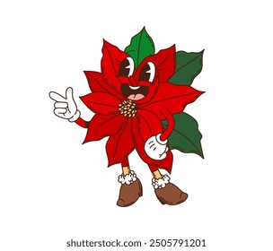 Retro grooviger Weihnachtspünktchen Charakter mit lächelndem Gesicht, trägt Stiefel und gibt Zeigegeste. Einzeln Cartoon Vektor fröhliche Poinsettia Pflanze Persönlichkeit. Feiertage und festliche Dekoration