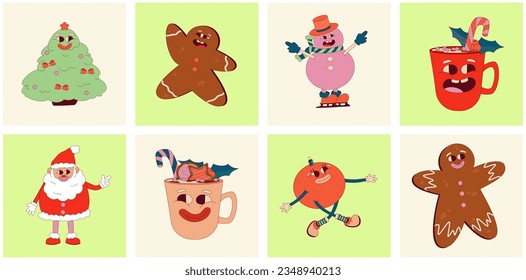 Retro Groovy Christmas poster set with funny character santa, snowman, gingerbread and toys. Trippy Funny Character groovy poster retro collection. Vector cartoon illustration