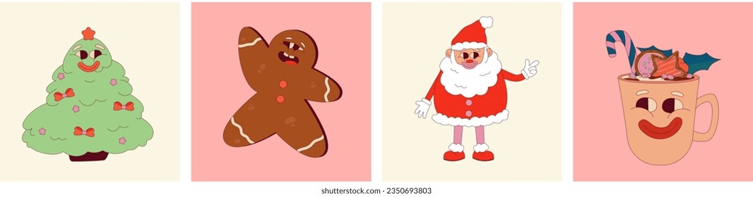 Retro Groovy Christmas poster set with funny character santa, gingerbread and coffee. Trippy Funny Character groovy poster retro collection. Vector cartoon illustration