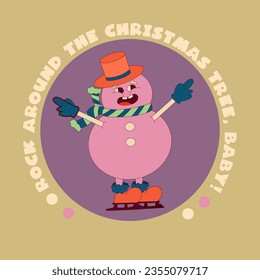 Retro Groovy christmas poster with snowman and text. Groovy character vintage card. Holiday poster with comic face. Cartoon vector illustration