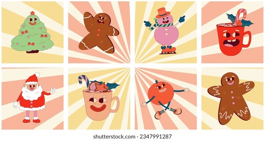 Retro Groovy Christmas poster sunset set with funny character santa, snowman, gingerbread and coffee. Trippy Funny Character groovy poster retro collection. Vector cartoon illustration