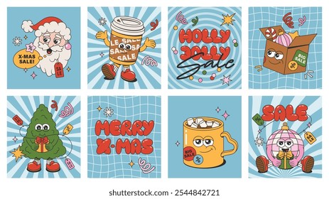 Carteles de Navidades retro groovy con puffy phrase, pin tree, Santa Claus, taza de café y cacao, bola de Navidad y etiquetas de venta. Venta de carteles de dibujos animados de Navidad con Elementos de mascotas