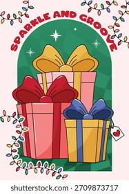 Retro Groovy Christmas Presents String Lights Poster Greeting Card