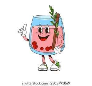 Retro groovy Weihnachten Punch Charakter. Einzeln Cartoon Vektor fröhliche Weihnachtsgetränk Glas mit lächelndem Gesicht und Zeige Geste mit Cranberries, Zimtstangen und Federn von Rosmarin garniert