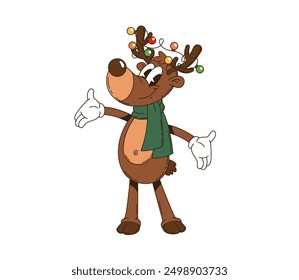 Retro groovy Weihnachts Rentier Charakter mit bunten Lichtern auf dem Geweih geschmückt, trägt einen grünen Schal. Isolierte Cartoon Vektor freundlich Hirsch mit festlichen Dekorationen betonen die Feiertagsjubelung