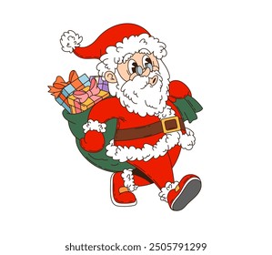 Retro groovy Christmas Santa character with a bag full of presents, marching forward. Isolated cartoon vector Noel in classic red suit, white beard, and jolly expression capture festive spirit of Xmas