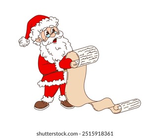 Retro groovy Christmas Santa with wish list for winter holiday, vector cartoon character. Funny groovy Santa reading Christmas or New Year wishes list for gifts from kids on long paper scroll