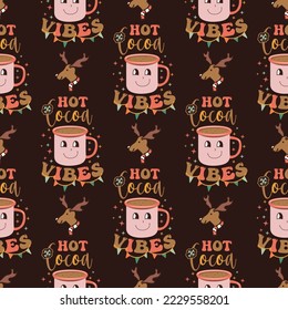 Retro Groovy Christmas seamless pattern with . Cute Holidays background. Wrapping design. Stock vector