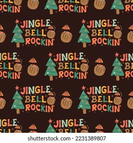 Retro Groovy Christmas seamless pattern with . Cute Holidays background. Wrapping design. Stock vector
