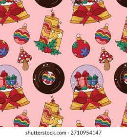 Retro Groovy Christmas Seamless Pattern Paperweight Vinyl Record Mushroom Ornament Candles