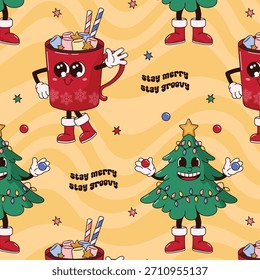 Retro Groovy Christmas Seamless Pattern Tree Hot Chocolate Mascots