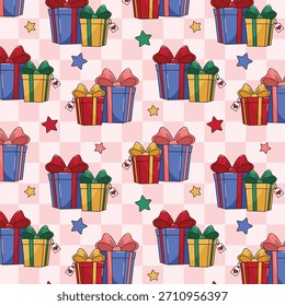 Retro Groovy Christmas Seamless Pattern Presents Stars