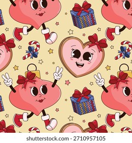 Retro Groovy Christmas Seamless Pattern Girl Gingerbread Ornament Present Candy Cane