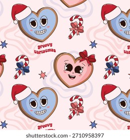 Retro Groovy Christmas Seamless Pattern Boy Girl Gingerbread Hearts Candy Cane Stars
