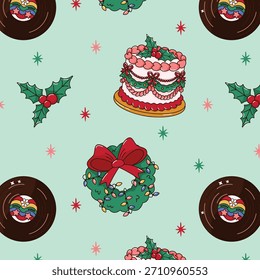 Retro Groovy Christmas Seamless Pattern Cake Wreath Vinyl Record Mistletoe
